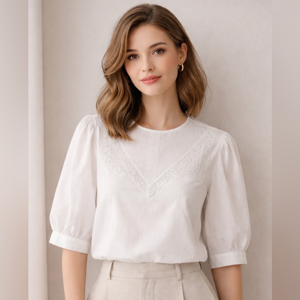 Vintage White Lace-Trim Puff Sleeve Top handmade cottage